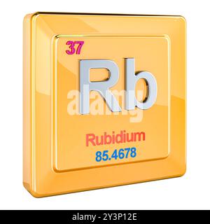 Rubidio RB, segno dell'elemento chimico con il numero 37 nella tavola periodica. Rendering 3D isolato su sfondo bianco Foto Stock