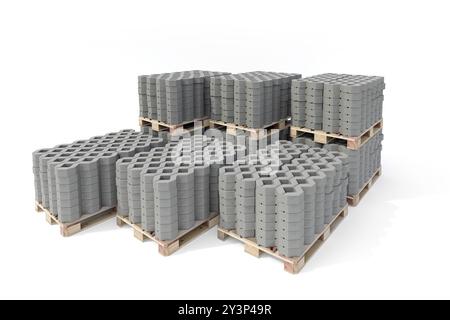 Set di pallet con blocchi di asfaltatrici per calcestruzzo - rendering 3d. Foto Stock