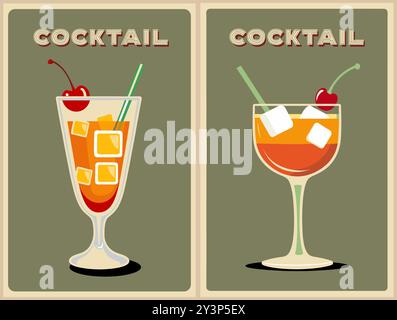 Poster retrospettivi per cocktail illustrazioni vettoriali Illustrazione Vettoriale