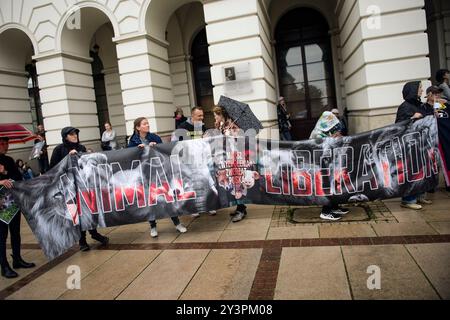 I manifestanti tengono uno striscione massiccio durante la marcia per la liberazione degli animali. Con lo slogan "marcia per la liberazione degli animali” diverse centinaia di persone protestarono a Varsavia. Gli animali hanno sentimenti, sono soggetti a stress e sono sensibili al dolore - hanno detto gli organizzatori della protesta. I partecipanti alla marcia protestarono pacificamente contro i danni subiti dagli animali, promuovendo al contempo le idee del veganismo. I manifestanti chiedevano anche rispetto per gli animali, i diritti e una maggiore empatia. La protesta è stata organizzata dall'organizzazione Empatia. (Foto di Attila Husejnow/SOPA Images/Sipa USA) Foto Stock