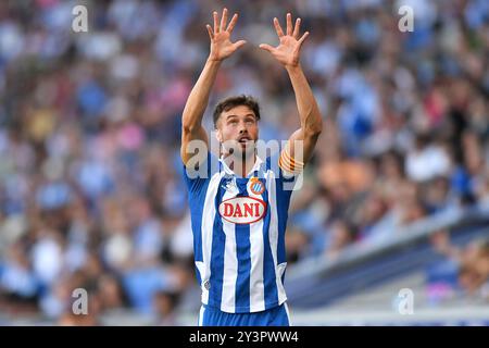 Cornella El Prat, ESP. 14 settembre 2024. RCD ESPANYOL vs DEPORTIVO ALAVES 14 settembre 2024 Puado (7) dell'RCD Espanyol durante la partita tra RCD Espanyol e FC Barcelona corrispondente alla quinta giornata di la Liga EA SPORTS allo stadio RCDE di Barcellona, Spagna. Crediti: Rosdemora/Alamy Live News Foto Stock