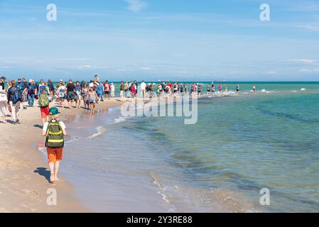 Skagen, Danimarca - 10 luglio 2019: Grenen, il punto più settentrionale della Danimarca, nonché il punto di incontro tra il Kattegat e il Mare del Nord. Foto Stock