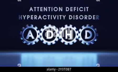 Video concettuale che mostra il disturbo da deficit di attenzione e iperattività dell'ADHD. Gli ingranaggi girevoli simboleggiano il pensiero. Animazione 3D. Foto Stock