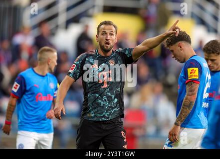 KIEL, GERMANIA - 14 SETTEMBRE: Harry Kane del Bayern Muenchen reagisce durante la partita di Bundesliga tra Holstein Kiel e FC Bayern München all'Holstein-Stadion il 14 settembre 2024 a Kiel, Germania. © diebilderwelt / Alamy Stock Foto Stock