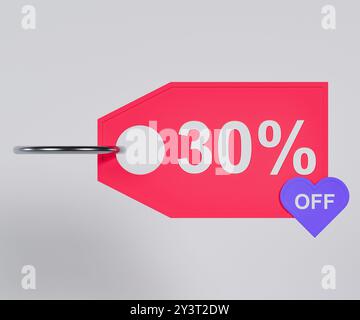 Un'etichetta di sconto rosa brillante con il testo "30% di sconto" in bianco e un cuore viola. Un design moderno e accattivante, perfetto per promuovere vendite e offerte. Foto Stock