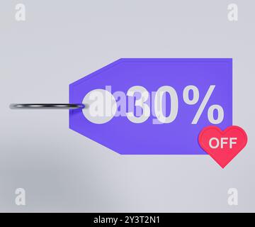 Un vivace cartellino di sconto viola con il testo "30% di sconto" in bianco e un cuore rosa. Un design moderno e accattivante, perfetto per promuovere vendite e offerte. Foto Stock