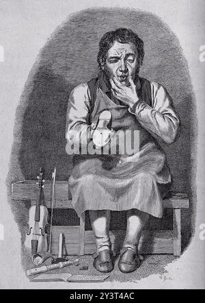 Calzolaio musicale scozzese: Siede su una panchina e contempla la suola di una scarpa che tiene; sul pavimento e appoggiato contro la panchina ci sono un violino, un registratore e un libro di spartiti musicali. 1841 incisione di Walter Geikie. Foto Stock