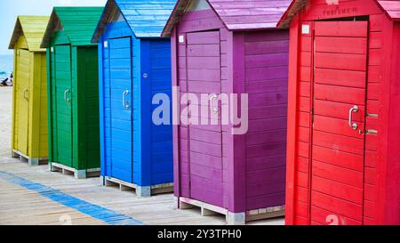 Vivaci rifugi sulla spiaggia allineati lungo la costa, con una straordinaria gamma di colori arcobaleno e perfetta simmetria sotto il sole. Foto Stock