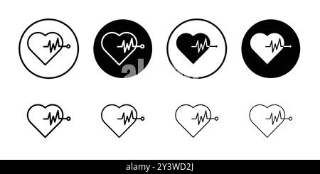 Il logo dell'icona della frequenza cardiaca indica il contorno vettoriale in bianco e nero Illustrazione Vettoriale
