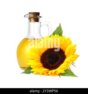 Olio da cucina in caraffa di vetro e girasole luminoso isolato su bianco Foto Stock