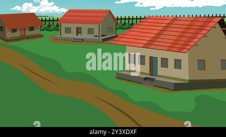 Casa del villaggio con cartoni animati baita rurale del villaggio con tetto in piastrelle rosse e arte vettoriale di fango Illustrazione Vettoriale