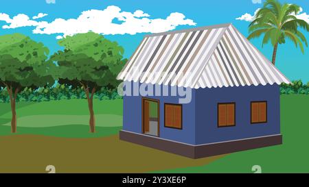 Villaggio rurale indiano sullo sfondo. Capanna blu con tetto in stagno con cielo blu e un albero di cocco, cespugli e alberi con illustrazione vettoriale Illustrazione Vettoriale