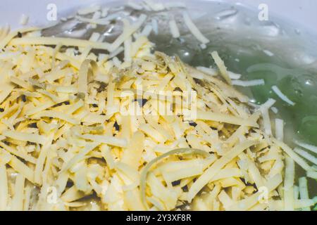 Foto macro del formaggio grattugiato con dettagli molto dettagliati. formaggio grattugiato come condimento sui piatti Foto Stock