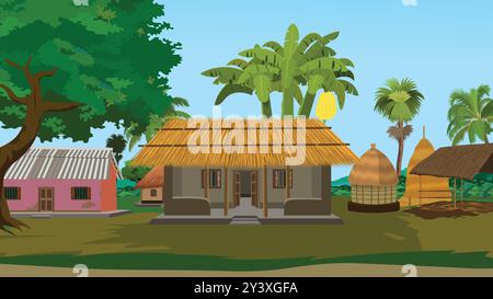 Casa contadina del villaggio indiano con mucche e mucchio di paglia e capanna. Cortile rurale asiatico con capanne, case, fieno, raccolto rotondo, mucche, alberi Illustrazione Vettoriale