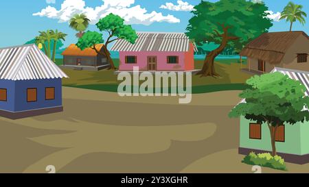 Design dello sfondo del villaggio. paesaggio stradale del villaggio. Casa di villaggio indiana. Villaggio rurale asiatico con capanne in diversi colori, alberi, palme, noci di cocco Illustrazione Vettoriale