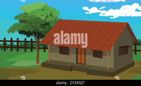 Sfondo della casa del villaggio dei cartoni animati. Capanna rurale del villaggio con tetto in piastrelle rosse e pareti di fango in un campo verde Illustrazione Vettoriale