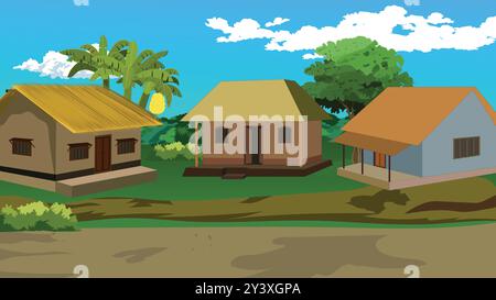 Illustrazione vettoriale di Rural Village House composta da capanne e cottage su una strada di campagna circondata da alberi, cespugli e cielo azzurro nuvoloso Illustrazione Vettoriale