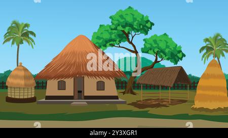 I poveri agricoltori asiatici ospitano un'illustrazione vettoriale. Rifugio indiano per animazione di cartoni animati. cortile con stalla, stoccaggio del raccolto, mucchio di fieno, alberi Illustrazione Vettoriale