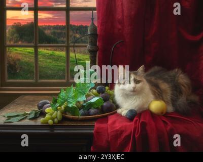 Alla finestra c'era un bel gattino e della frutta Foto Stock