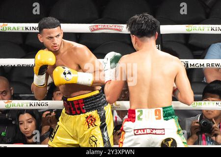 Las Vegas, Nevada, Stati Uniti. 14 settembre 2024. LAS VEGAS, NEVADA - 14 SETTEMBRE: Rolando Romero (R) e Manuel Jaimes (L) combattono durante il Super Lightweight Fight alla T-Mobile Arena il 14 settembre 2024 a Las Vegas, Nevada. (Foto di Hector Leyva/PxImages) credito: PX Images/Alamy Live News Foto Stock