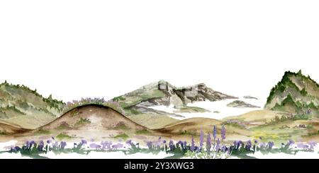 Paesaggio di montagne scogliere campi colline ondulate pascoli pascoli alpini vista fiori disegnati a mano in acquerello. Banner senza interruzioni. Per Foto Stock
