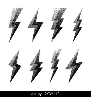 Collezione di icone Lightning bolt. Simbolo flash tratteggiato, thunderbolt. Semplice segno di fulmine. Ombreggiatura a punti, disegno. Illustrazione vettoriale Illustrazione Vettoriale