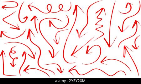 sfondo con molte frecce rosse che puntano in direzioni diverse. Le frecce sono disegnate in uno stile ondulato e squiggly Illustrazione Vettoriale