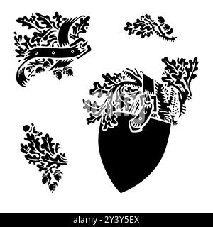 Design in stile medievale. dipinto in stile retrò vintage, casco da cavalieri Illustrazione Vettoriale