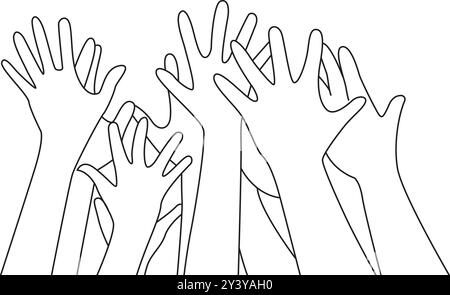 Molte mani sollevate contro il vettore della linea del tratto del cielo. Illustrazione Vettoriale