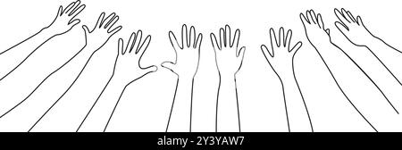 Molte mani sollevate contro il vettore della linea del tratto del cielo. Illustrazione Vettoriale