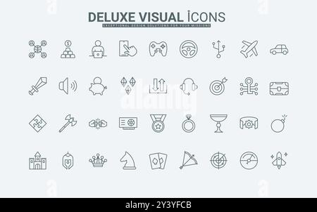 Sport e lotta, strategia e puzzle game per i giocatori sottili simboli neri del contorno illustrazione vettoriale. ESport, giochi online per telefoni cellulari, videogiochi con icone di linea dei controller impostate. Illustrazione Vettoriale