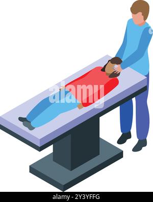 Medico isometrico che esamina il paziente sdraiato sul letto medico in ospedale Illustrazione Vettoriale