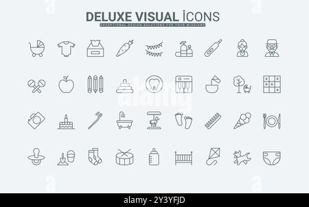 Bottiglia e succhietto per bambini, culla e pannolino del bambino, giocattoli del parco giochi, sottili simboli di contorno neri illustrazione vettoriale. Baby-sitter e gravidanza felice, set di icone della linea materna. Illustrazione Vettoriale