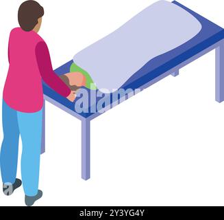 Il medico sta esaminando un paziente sdraiato su un letto medico coperto da una coperta in reparto ospedaliero Illustrazione Vettoriale