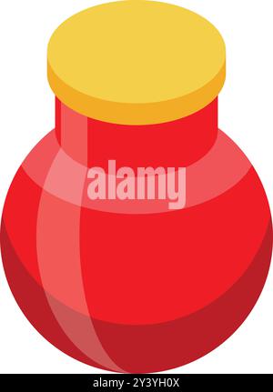 Vaso rosso con tappo giallo per conservare l'icona isometrica degli alimenti per il design del nastro isolato su sfondo bianco Illustrazione Vettoriale