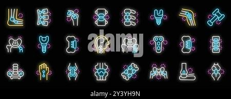 Questa serie di icone al neon mostra diverse parti del corpo, ossa e articolazioni, nonché dispositivi medici utilizzati in ortopedia Illustrazione Vettoriale