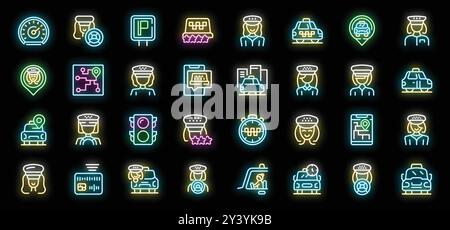 Set di icone di lavoro del tassista donna. Contorno delle icone vettoriali di lavoro del tassista donna colore neon su sfondo nero Illustrazione Vettoriale