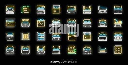 Set di colorate icone al neon che mostrano diversi stili di letto per dormire e riposare Illustrazione Vettoriale