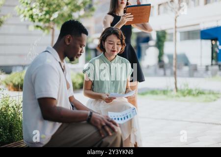 Uomini d'affari multiculturali che organizzano una riunione all'aperto in città. Professionisti delle gare miste che discutono strategie in un ambiente urbano all'aperto. Foto Stock
