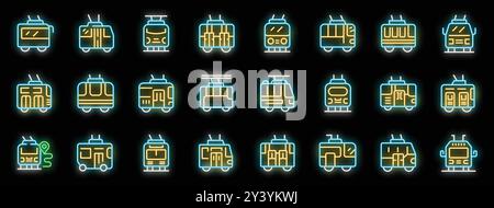 Set di icone al neon di tram o filobus che mostrano i trasporti pubblici per i pendolari urbani Illustrazione Vettoriale