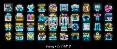 Le icone al neon del barbecue impostano il vettore. Barbecue e grigliate, carne e salsa, fuoco e tavolo, illustrazioni di feste all'aperto per la casa e il parco Illustrazione Vettoriale