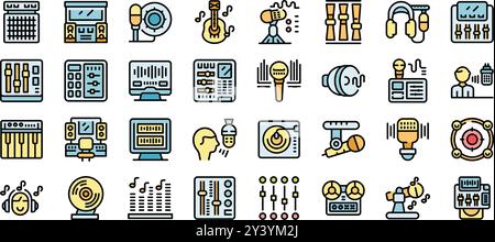 Apparecchiature audio e di registrazione musicale, microfoni e strumenti musicali con uno stile completo Illustrazione Vettoriale