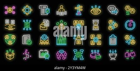 Set di icone luminose al neon per la gestione aziendale brillanti su sfondo nero Illustrazione Vettoriale