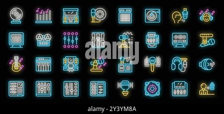 Apparecchiature da studio musicali, icone al neon brillanti, creano immagini vettoriali di vinile su giradischi ed equalizzatore, console sintetizzatore e dj, microfono e cuffie per dispositivi di registrazione Illustrazione Vettoriale
