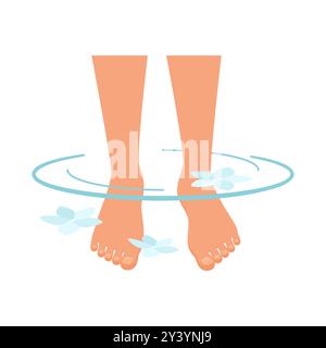 Illustrazione vettoriale piatta che mostra i piedi immersi nell'acqua termale con fiori, ideale per temi di relax e benessere. Illustrazione Vettoriale