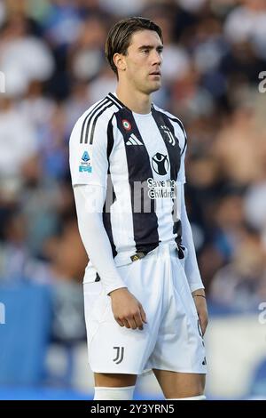 L'attaccante serbo della Juventus Dusan Vlahovic durante la partita di calcio di serie A Empoli vs Juventus allo stadio Carlo Castellani il 14 settembre 2024, a Empoli. Foto Stock