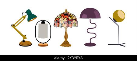 Set di lampade da tavolo di forme e colori diversi. Illustrazione Vettoriale