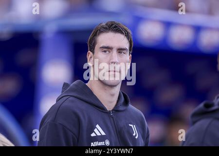 L'attaccante serbo della Juventus Dusan Vlahovic durante la partita di calcio di serie A Empoli vs Juventus allo stadio Carlo Castellani il 14 settembre 2024, a Empoli. Foto Stock