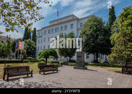 Podgorica, Montenegro, 5 agosto 2024. La costruzione dell'assemblea comunale e il monumento Marko Miljanov Popovic. Foto Stock