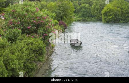 Barca a remi ormeggiata sul Mincio, Borghetto, Valeggio sul Mincio, provincia di Verona, Italia, Europa Foto Stock
